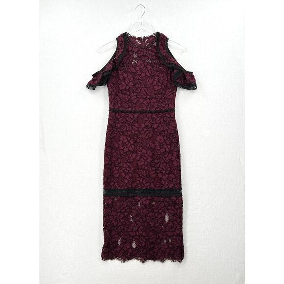 ALEXIS Evie Lace Midi Sheath Dress Womens Small Burgundy Crew Neck Cold Shoulder - Picture 5 of 16